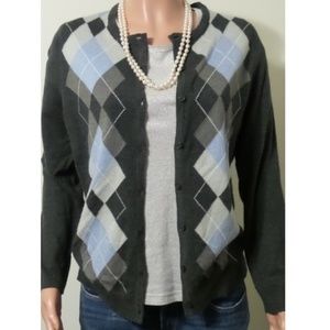 Croft & Barrow Gray Argyle Cardigan Sweater Size M